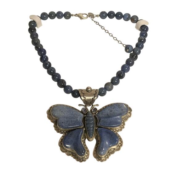 Artisan D. Troutman Jewelry - Native Artist D. Troutman Butterfly Necklace Violet Blue Beads & Amethyst Eyes